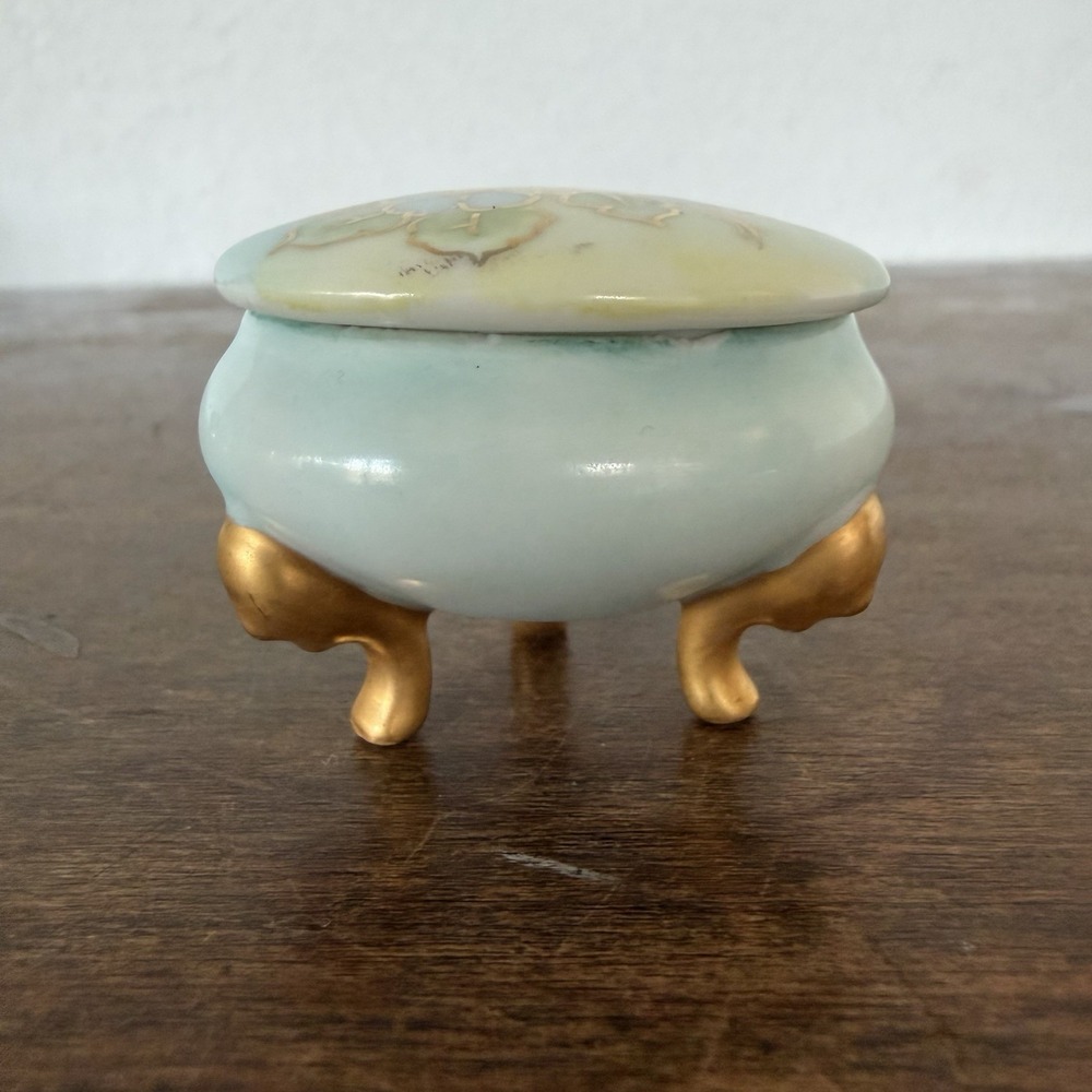 VTG‎ English Blue Porcelain Vanity Jewelry Trinket Dish Hand Painted Gold Floral